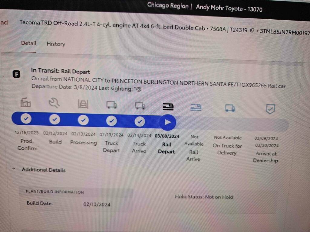 2024 Tacoma My Tacoma finally hit Rail any idea on lead time to get to the mid west 123_1