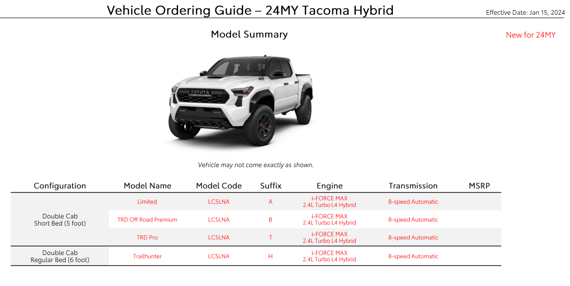2024 Tacoma 2024 Tacoma Ordering Guide for Canada [Updated w/ Tacoma HYBRID i-Force MAX Models & Specs - Trailhunter, TRD Pro, Off-Road Premium, Limited] 2024-tacoma-hybrid-order-guide-canada-2.4l-iforce-max-hybrid-trd-pro-trailhunter1