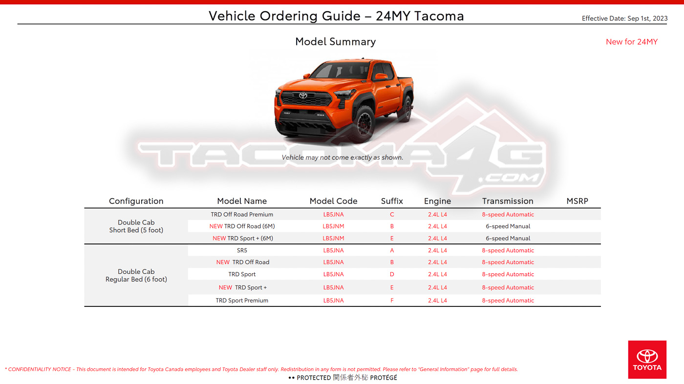 2024 Tacoma 2024 Tacoma Ordering Guide for Canada [Updated w/ Tacoma HYBRID i-Force MAX Models & Specs - Trailhunter, TRD Pro, Off-Road Premium, Limited] 2024-tacoma-order-guide-canada-1