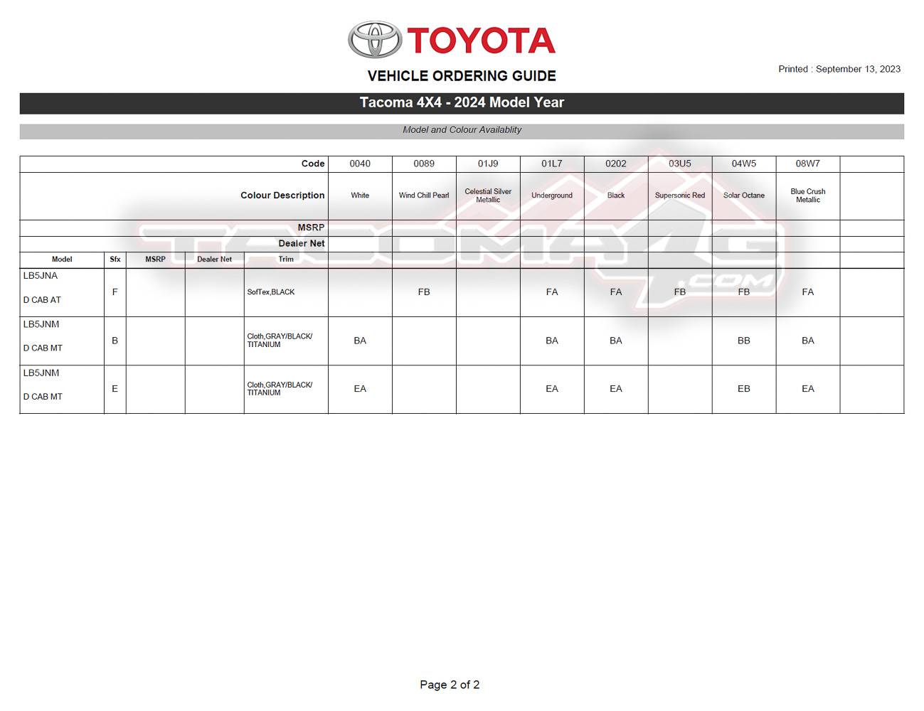 2024 Tacoma 2024 Tacoma Double Cab Gas Models Trim/Packaging Details (Canada) 2024-tacoma-order-guide-canada-10