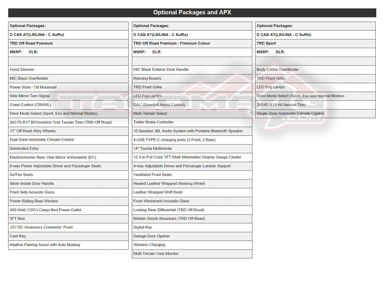 2024 Tacoma 2024 Tacoma Ordering Guide for Canada [Updated w/ Tacoma HYBRID i-Force MAX Models & Specs - Trailhunter, TRD Pro, Off-Road Premium, Limited] 2024-tacoma-order-guide-canada-20