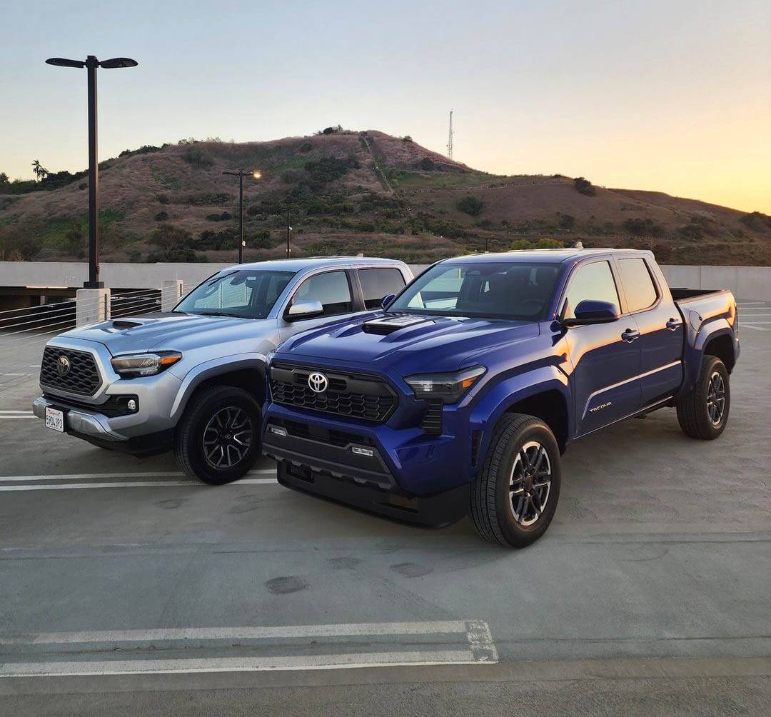 2024 Tacoma 3rd gen vs. 4th gen Tacoma TRD Sport side-by-side comparison look 2024 Toyota Tacoma TRD Sport 4th gen vs. 2023 3rd gen 1