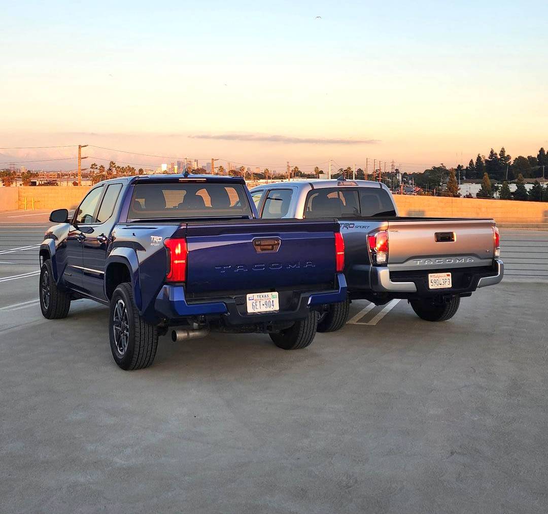 2024 Tacoma 3rd gen vs. 4th gen Tacoma TRD Sport side-by-side comparison look 2024 Toyota Tacoma TRD Sport 4th gen vs. 2023 3rd gen 2