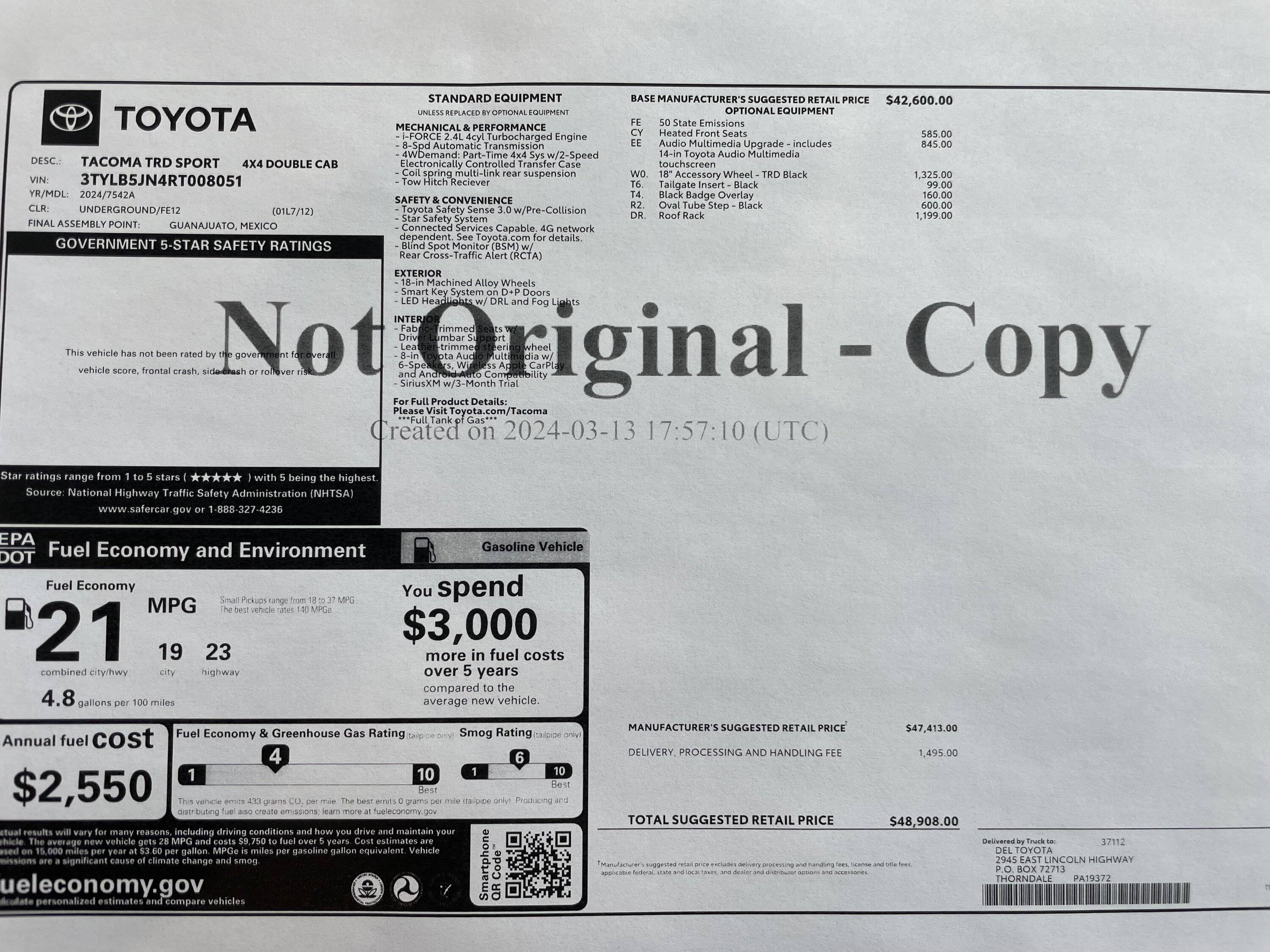 2024 Tacoma 2024 TRD Sport with 18" TRD Wheels, Black Tailgate Insert, Toyota Roof Rack, Tube Steps 73401979164__0D909B1A-0268-4828-9545-BF98ACDAB5EA