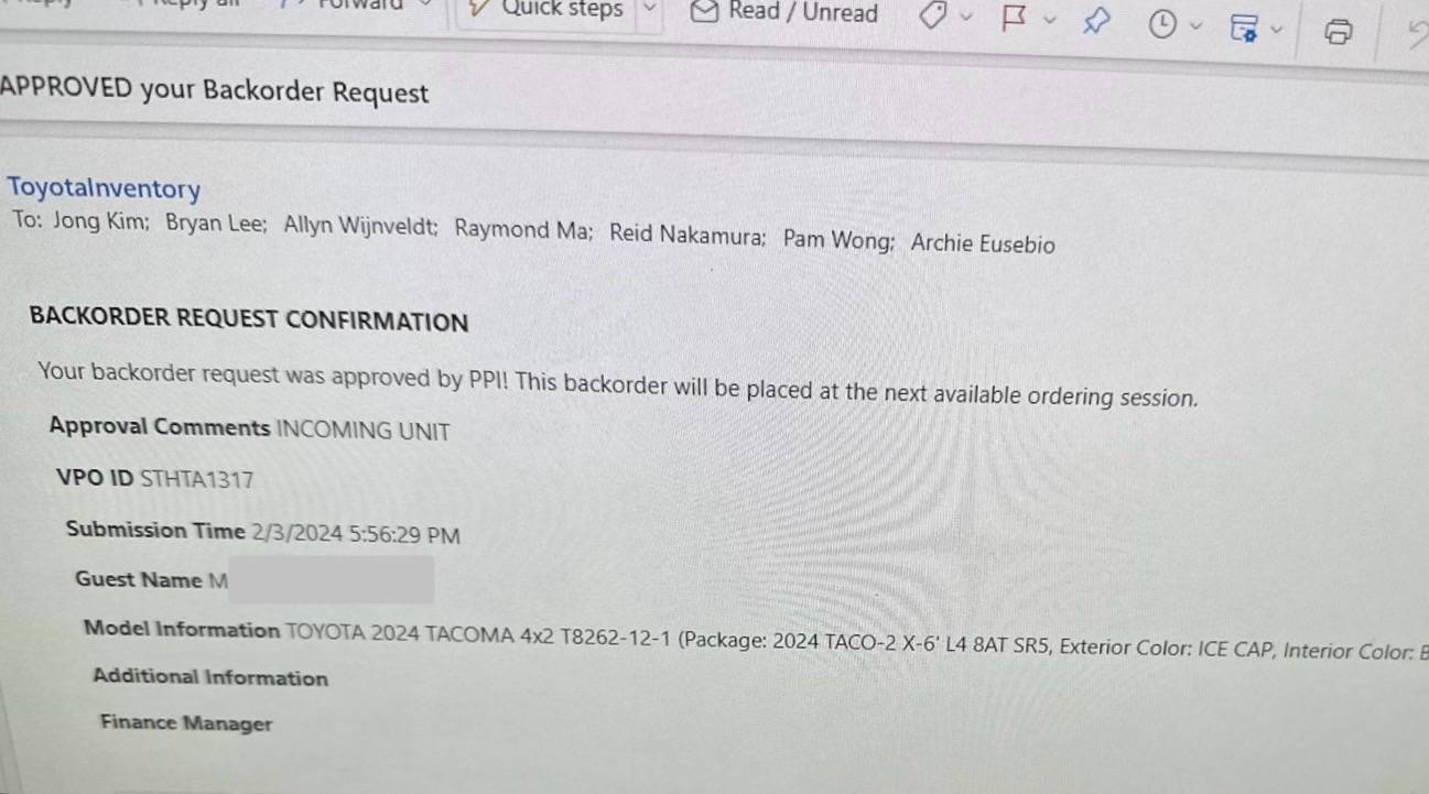 2024 Tacoma Tacoma VIN Allocation Tracking / Delivery Timeline / Quality Inspection (QC) Hold Status IMG_0212