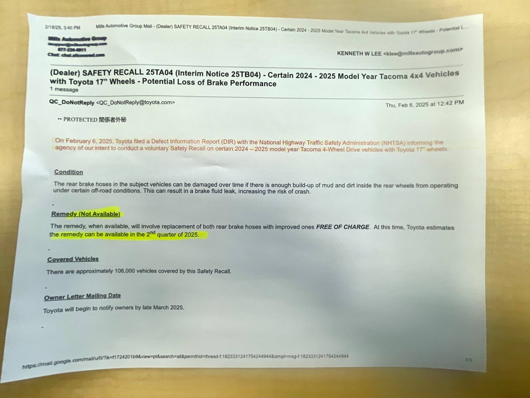 2024 Tacoma RECALL for Brake Hose Issue: 2024 Tacoma 4WD 4-wheel drive models w/ 16-inch brakes and 17-inch Toyota wheels IMG_20250218_230528