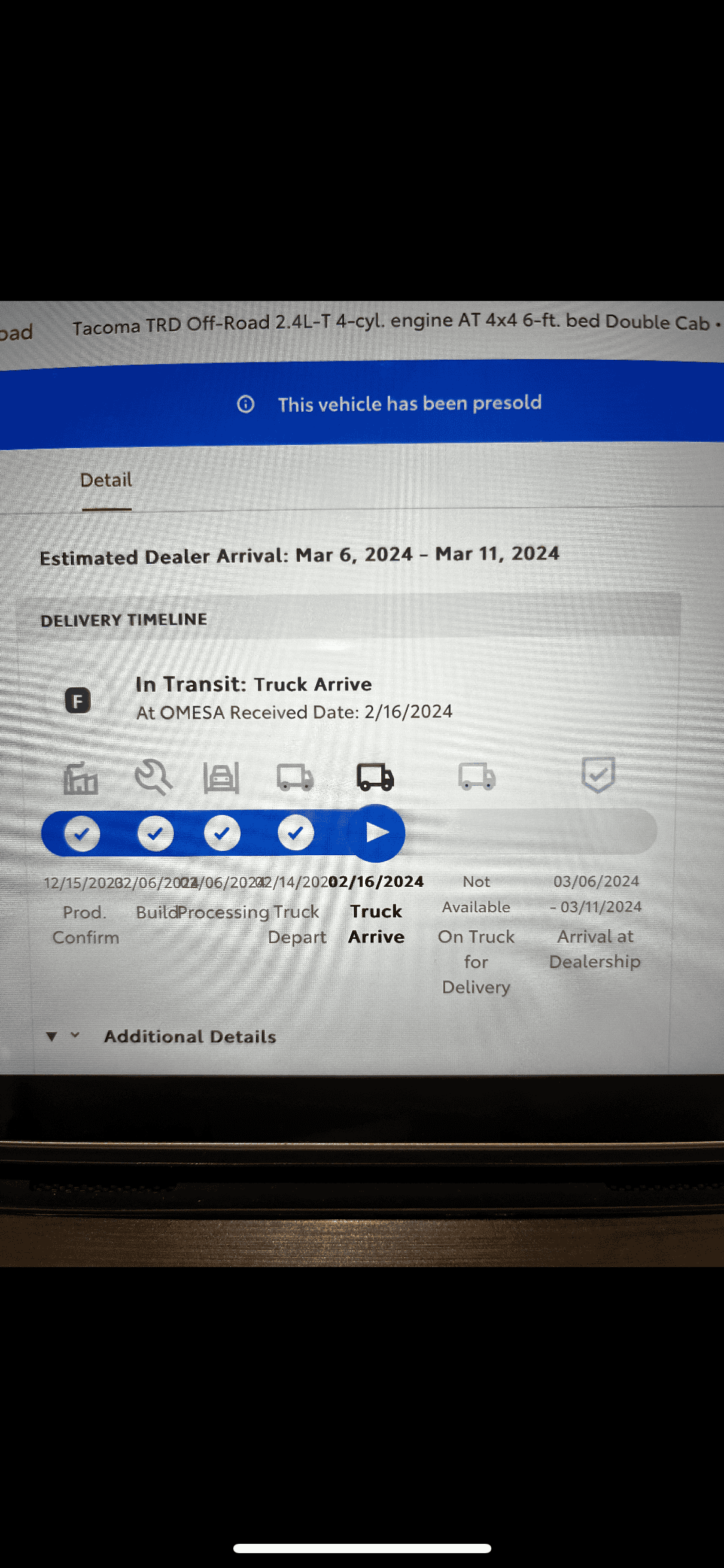 2024 Tacoma Tacoma VIN Allocation Tracking / Delivery Timeline / Quality Inspection (QC) Hold Status IMG_2699