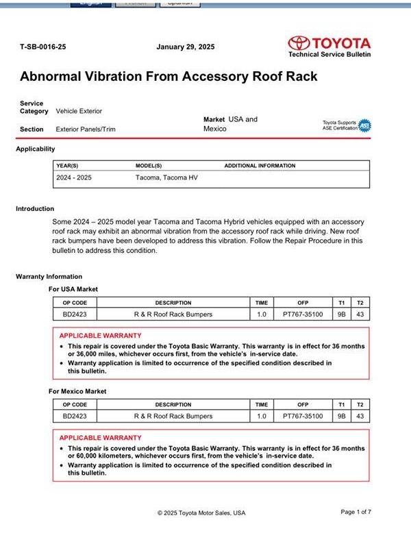 2024 Tacoma Roof rack vibration issue TSB fix is out - "Abnormal Vibration From Accessory Roof Rack" (TSB-0016-25) Roof rack vibration issue TSB fix