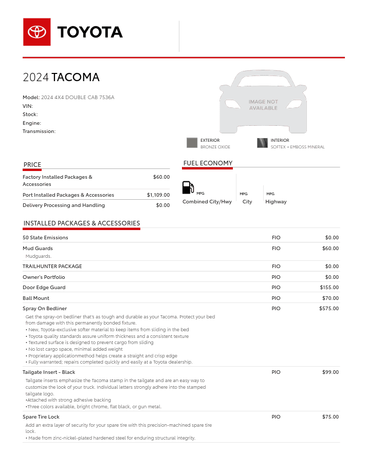 2024 Tacoma Just received a build date for my Trailhunter allocation! Standard features confirmed... Rui Trailhunter Confirmation Page 1 of 3 redact