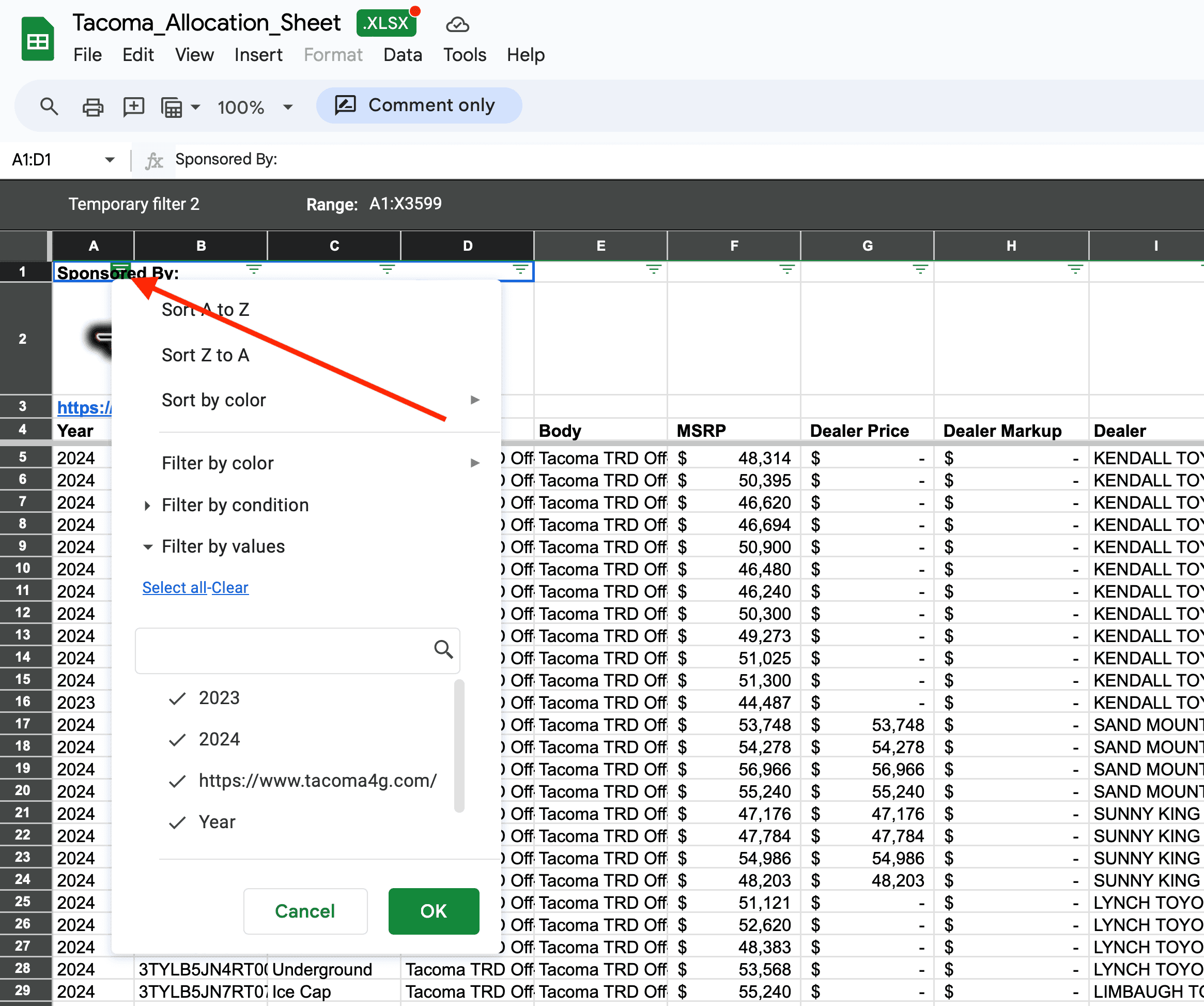 2024 Tacoma List: 2024 Tacoma Dealer Allocations (Nationwide) w/ Options, Pricing, ADM Markups & Availability Screenshot 2024-02-17 at 5.14.57 PM