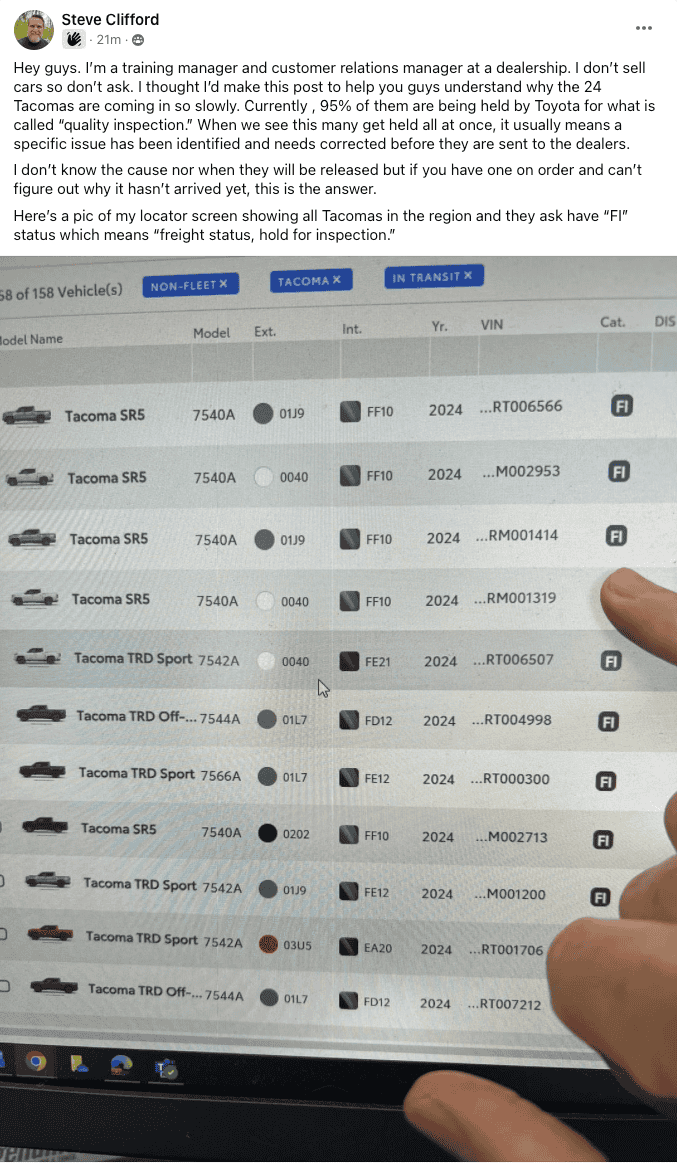 2024 Tacoma Tacoma VIN Allocation Tracking / Delivery Timeline / Quality Inspection (QC) Hold Status Screenshot 2024-02-26 at 2.17.35 PM