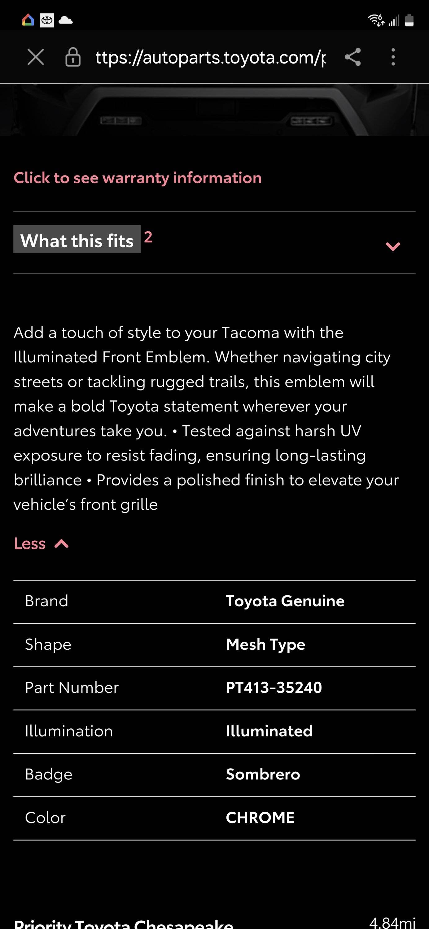 2024 Tacoma Illuminated Front Toyota Emblem (PT413-35240) - anyone install on front grill yet? Screenshot_20240619_211525_Samsung Internet