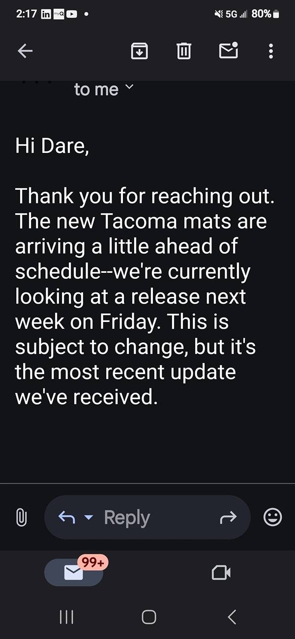 2024 Tacoma At TUXMAT today for prototype floor mats fitment! Screenshot_20241017_141727_Gmail