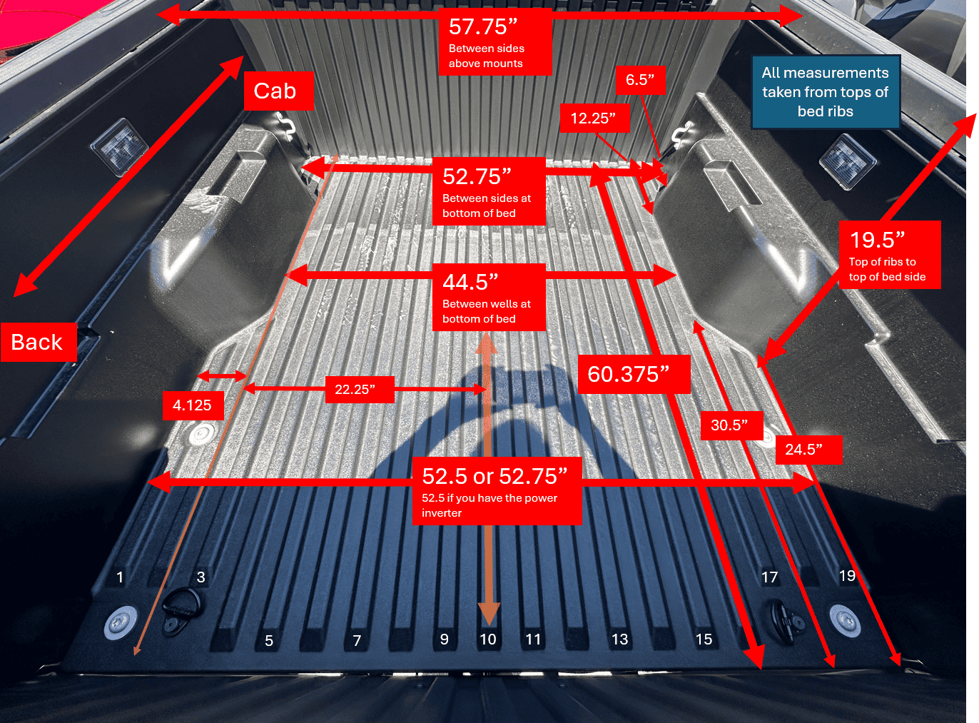 2024 Tacoma 2024 Tacoma (4th Gen) - 5' Foot Bed Measurements - Detailed Dimensions Tacoma2024BedMeasurements