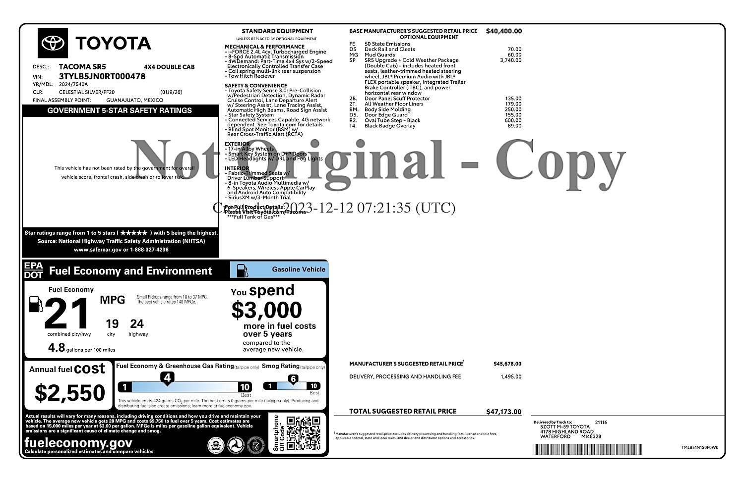 2024 Tacoma 2024 Tacoma arrives at a dealership! - Silver SR5 window-sticker-2024-tacoma-sr5-szott-toyota