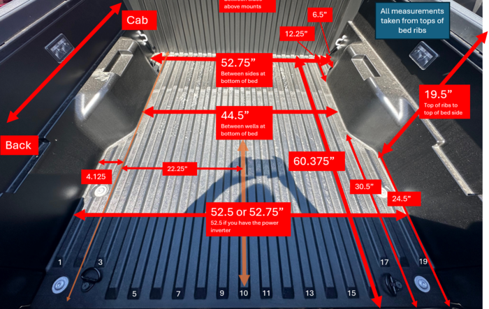 2024 Tacoma (4th Gen) - 5' Foot Bed Measurements - Detailed Dimensions