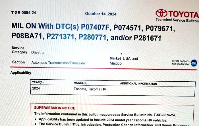 TSB: Hybrid Tacoma Now Included in Transmission Failure Issues & Replacement (October 2024)